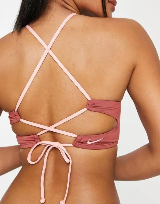 Nike Swimming high neck bikini top in pink