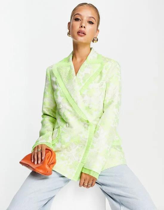 nipped waist jacquard blazer with ruffle detail in lime