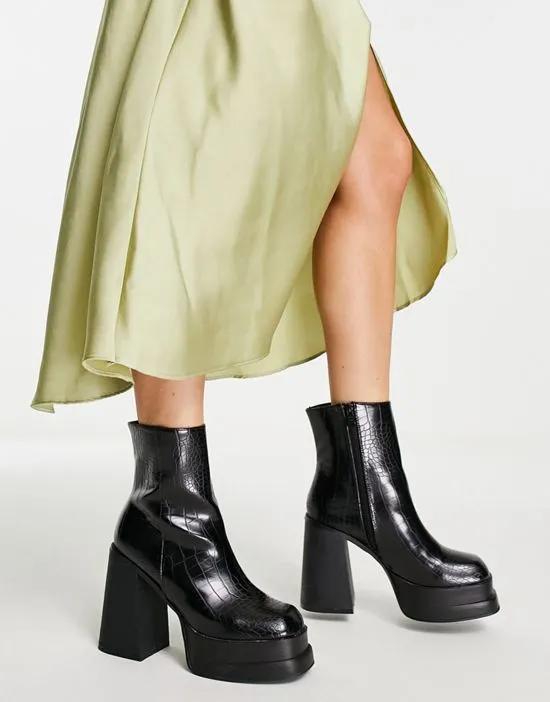 Noa chunky heeled boots in black croc - BLACK