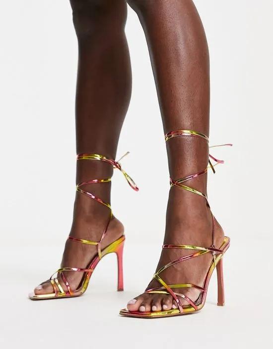 Nobu strappy tie leg heeled sandals in ombre metallic