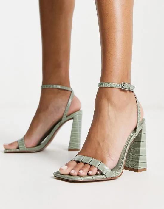 Nora barely there block heeled sandals in sage green croc
