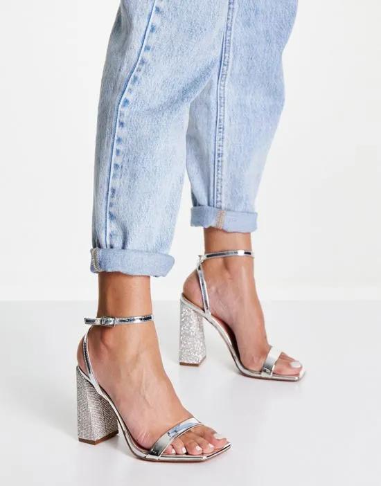 Nora embellished block heel barely there heeled sandals in silver