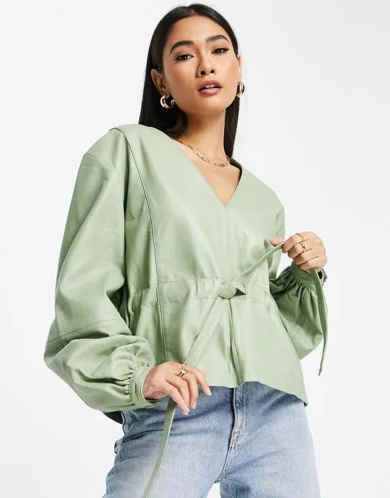 Nun volume sleeve leather top in sage green - part of a set