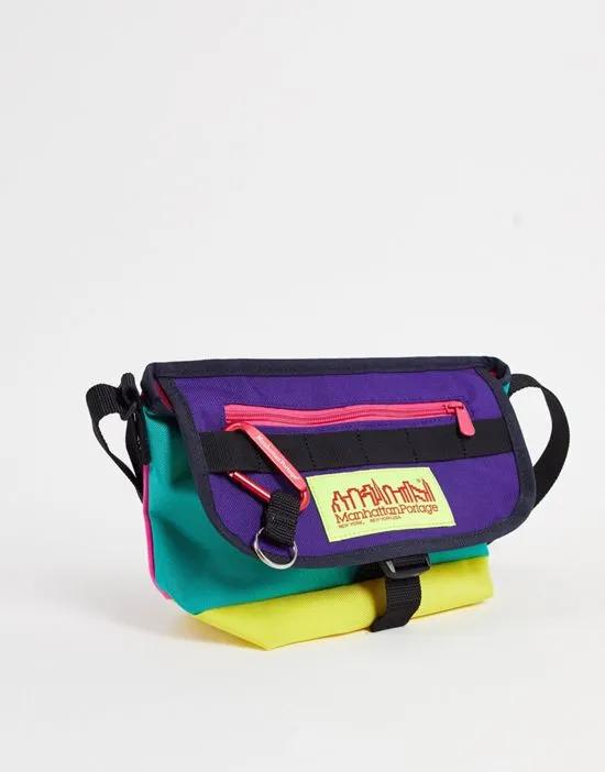 nylon messenger bag in green, purple and yellow