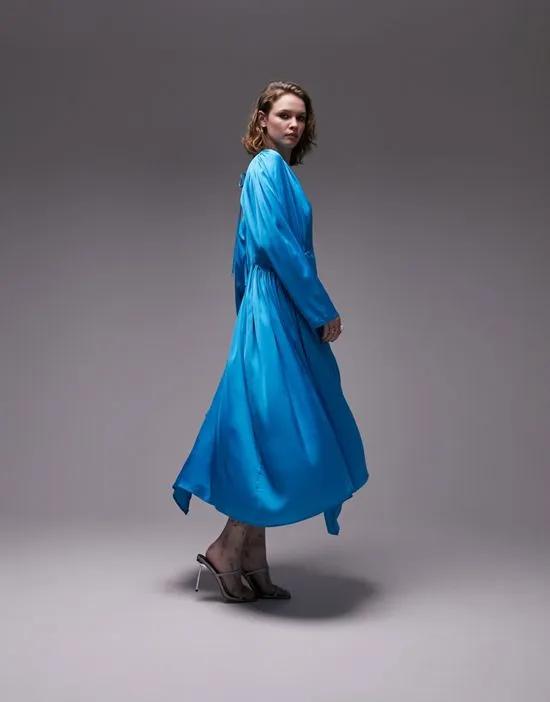 occasion ruched detail long sleeve midi dress in azure blue