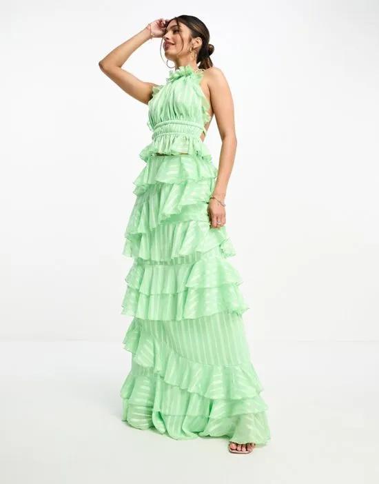 occasion ruffle maxi skirt in green satin stripe - part of a set