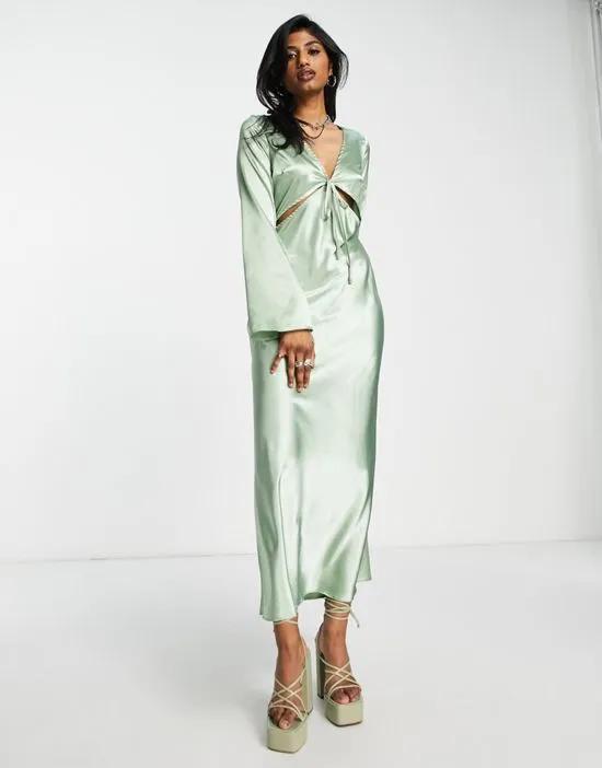 occasion satin cut out midi dress in sage