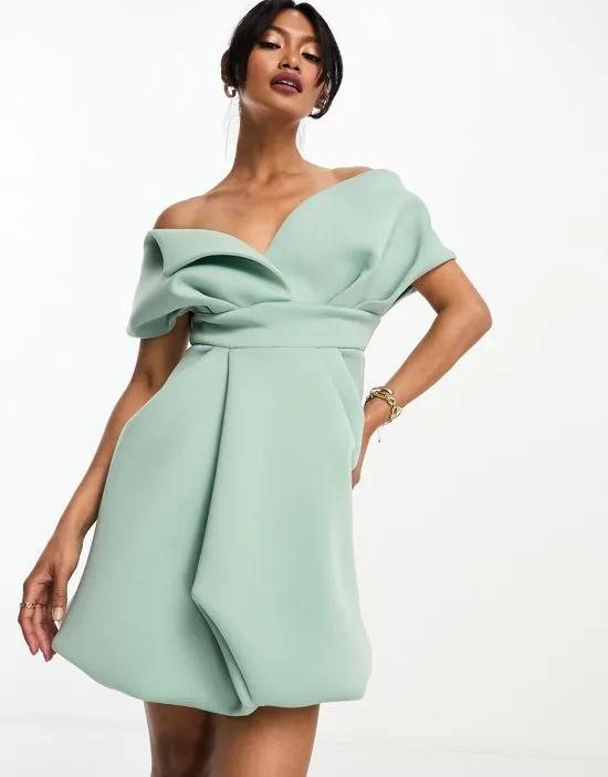 off shoulder bubble mini dress in frosty sage
