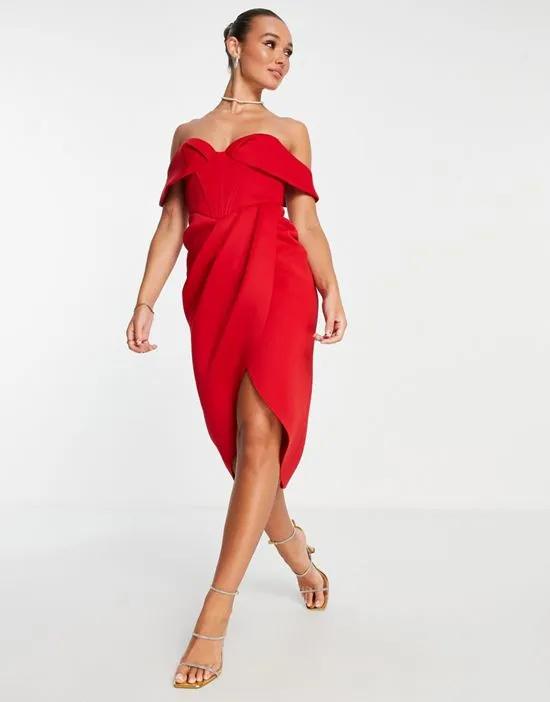 off shoulder corset midi dress in red