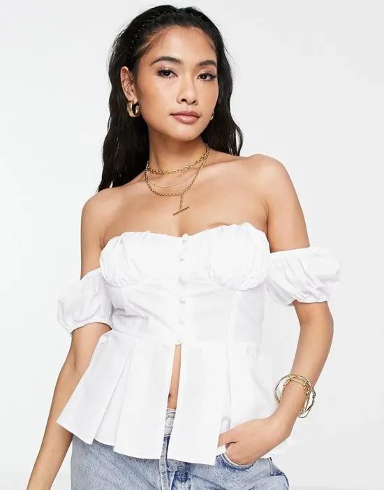 off-shoulder corset top with puff sleeves in white