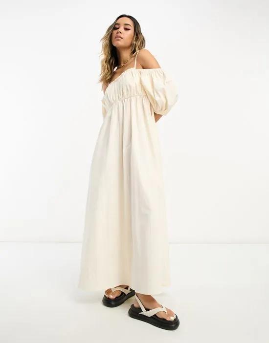 off shoulder cotton maxi dress with ruched bust detail in ecru