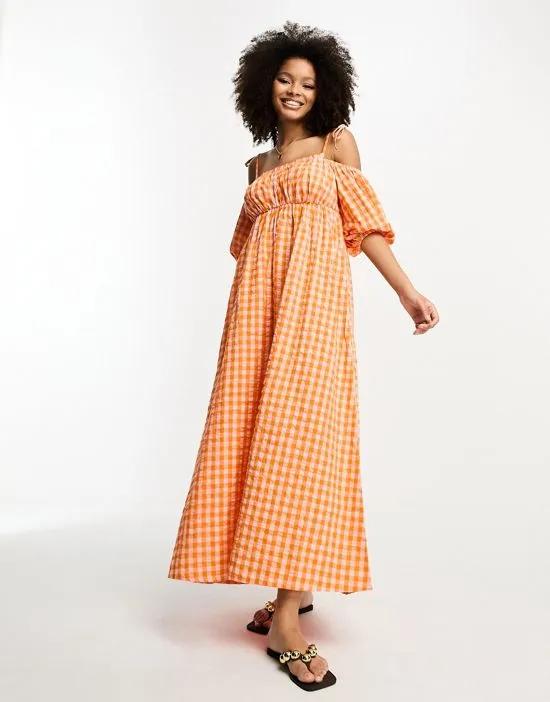 off shoulder cotton maxi dress with ruched bust detail in pink and orange gingham
