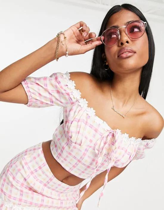 off-shoulder crop top in lilac check - part of a set
