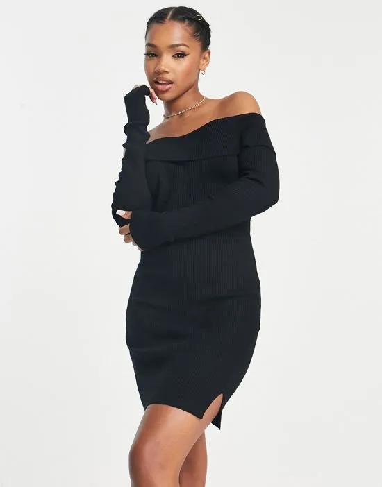 off shoulder knitted mini dress in black