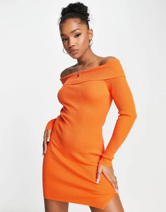 off shoulder knitted mini dress in orange