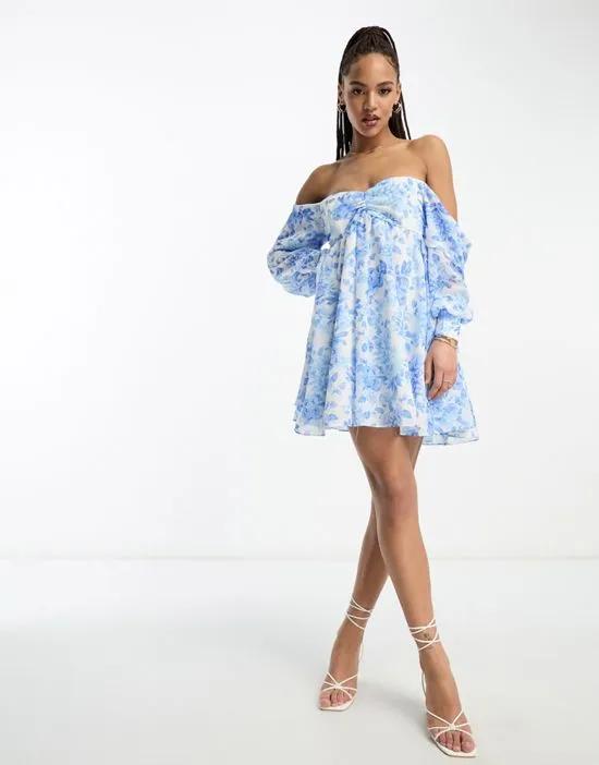 off shoulder long sleeve mini dress in blue floral