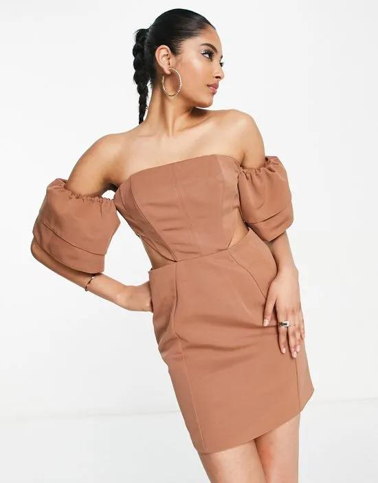 off shoulder mini dress with sleeve detail and cut out waist in stone