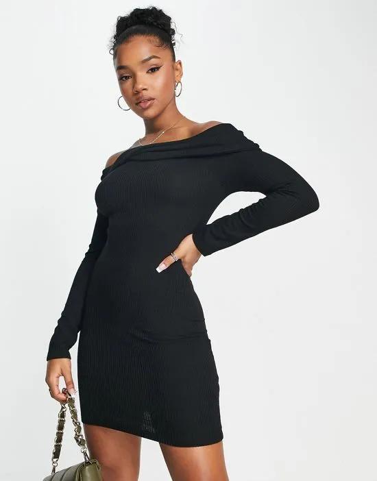 off shoulder mini dress with twist detail in black