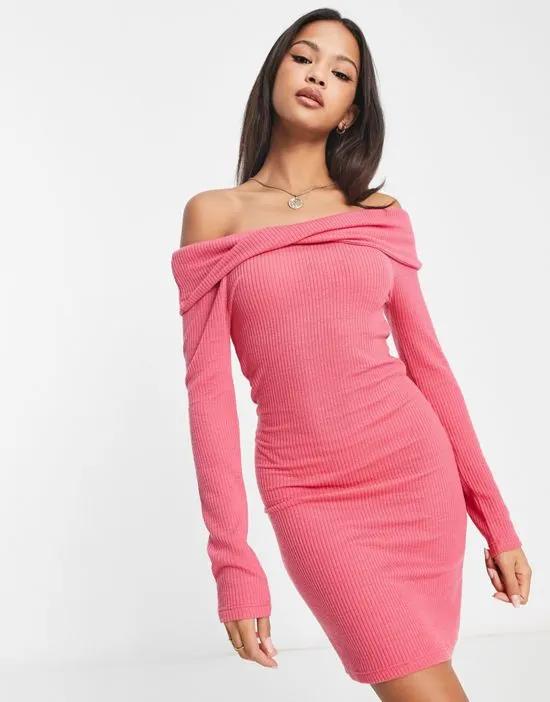 off shoulder mini dress with twist detail in pink