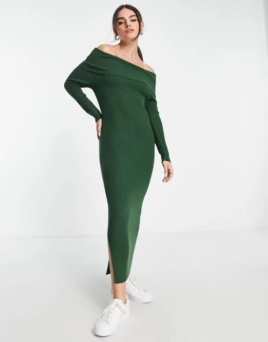 off-shoulder ribbed maxi dress in forest green