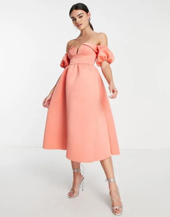 off shoulder ruffle midi prom dress in coral