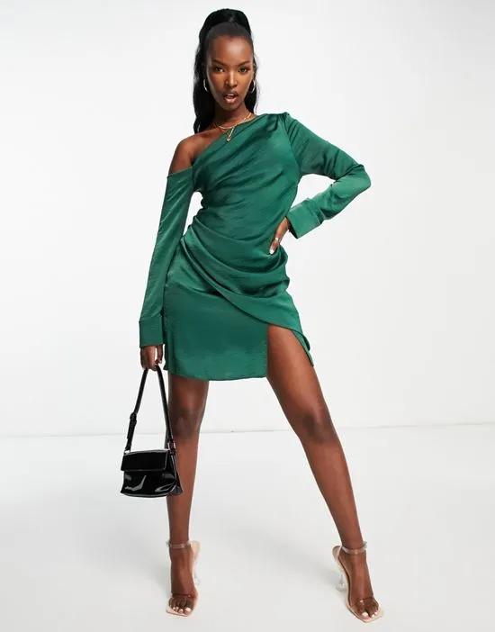 off shoulder satin mini dress with drape detail in green