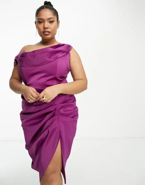 off-shoulder satin side ruched mini dress in purple