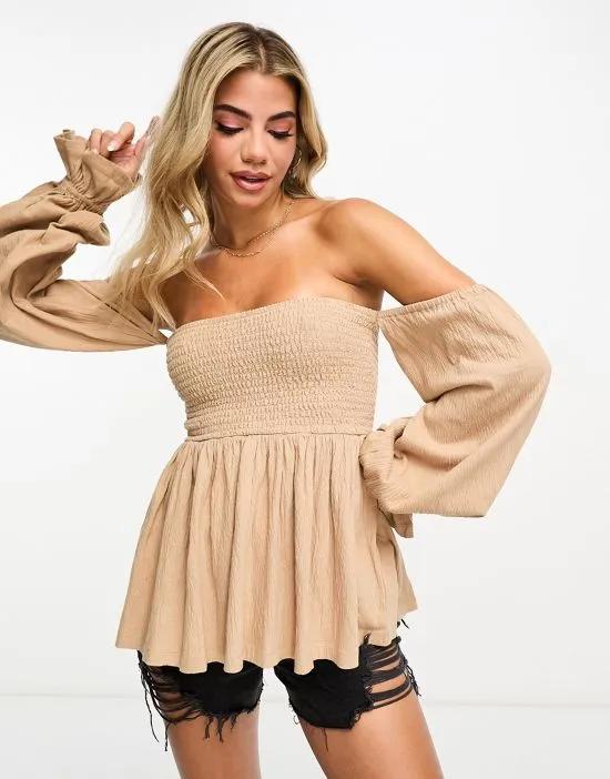 off shoulder textured blouse in stone