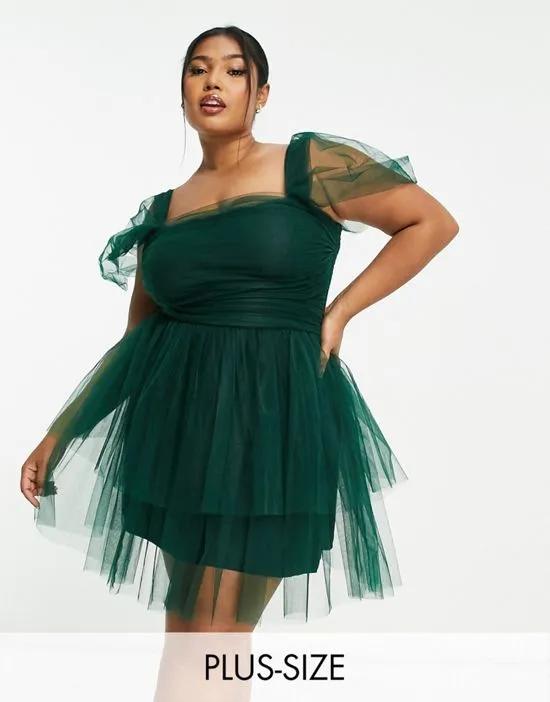 off shoulder tiered structured mini dress in emerald green
