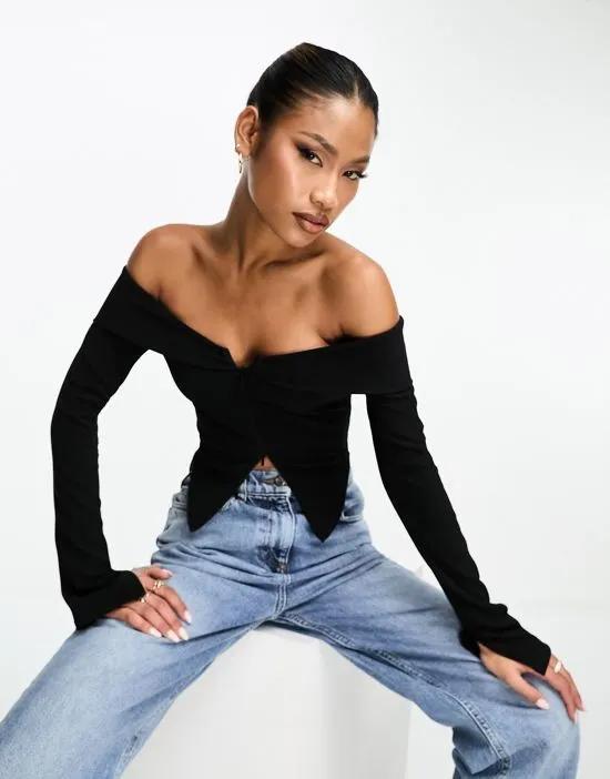 off shoulder top with double ended zip in black