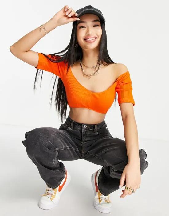 off shoulder top with shaped hem in rib in orange