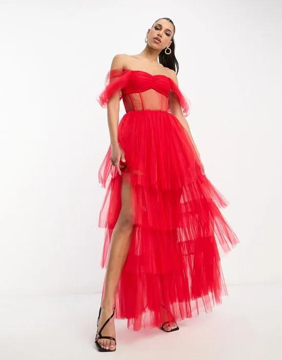 off shoulder tulle corset maxi dress in red