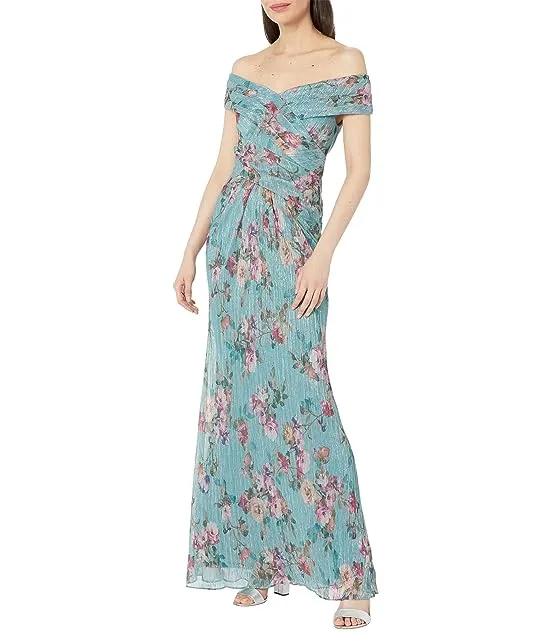 Off-the-Shoulder Printed Metallic Crinkle Ruched Gown