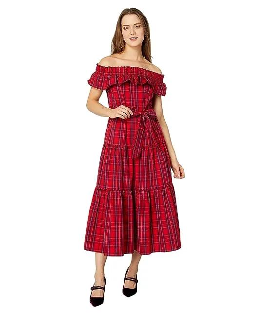 Off-the-Shoulder Tie Waist Dress in Angie Plaid