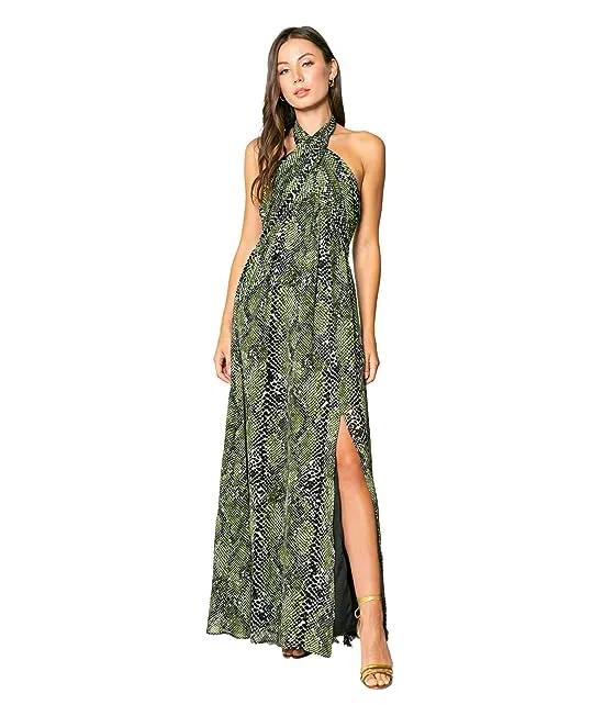Olive Snake Printed Maxi Dress with Halter Tie Neck