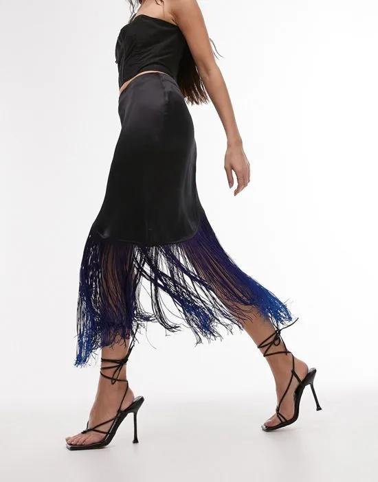 ombre fringe midi skirt in blue and black