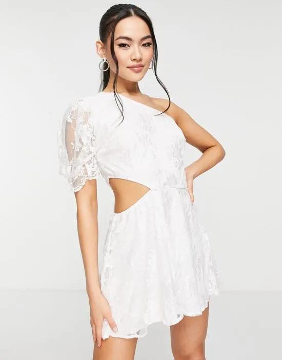one arm lace romper in white