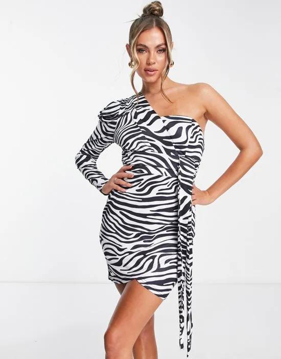 one shoulder asymmetric mini dress in zebra print