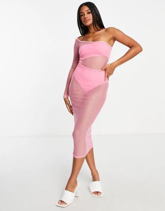 one shoulder body-conscious mesh dress in pink