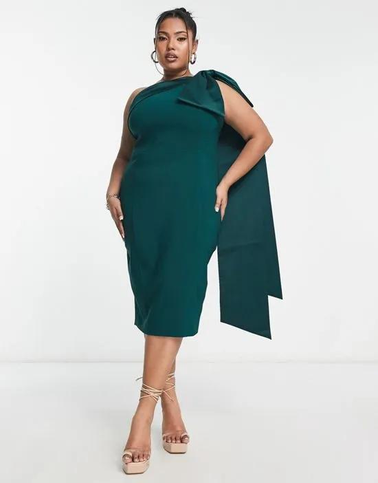 one shoulder bow detail midi dress in emerald green