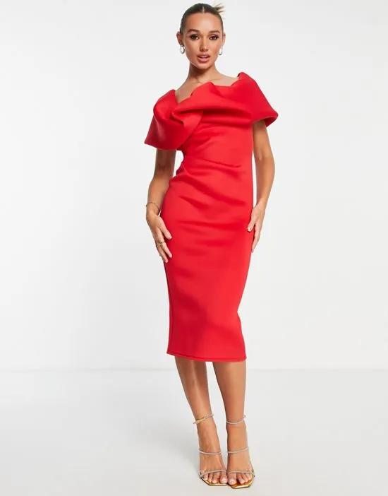 one shoulder bubble detail midi pencil dress in red