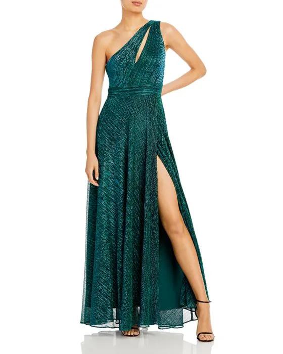 One Shoulder Crinkled Metallic Gown - 100% Exclusive