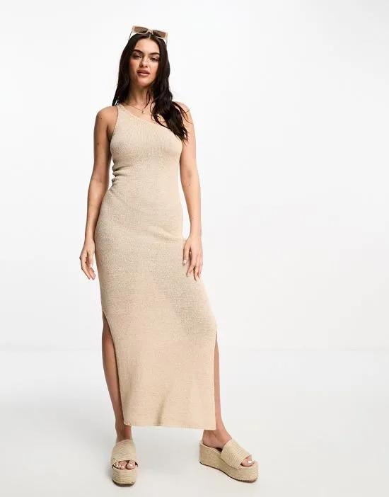one shoulder crochet knitted maxi dress in natural