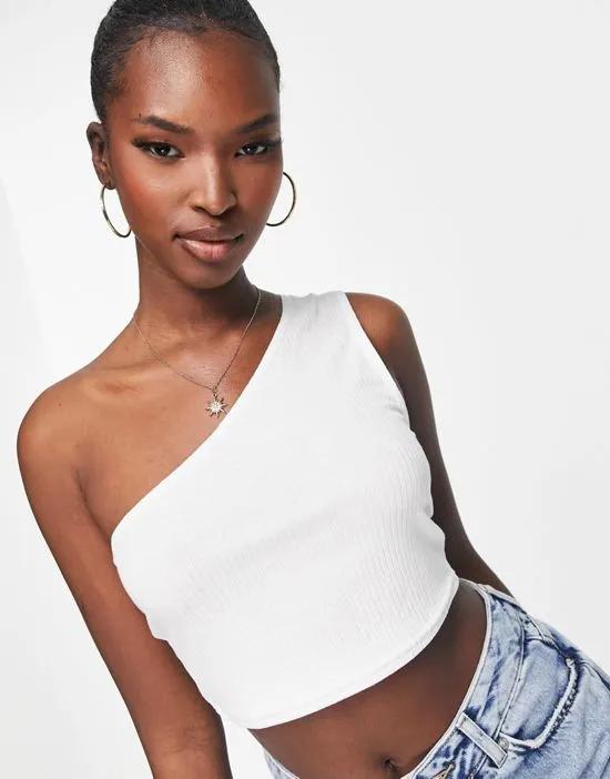 one shoulder crop top in rib in white