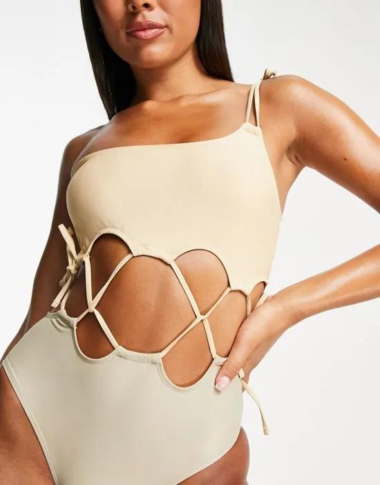 one shoulder cross strappy swimsuit in apricot