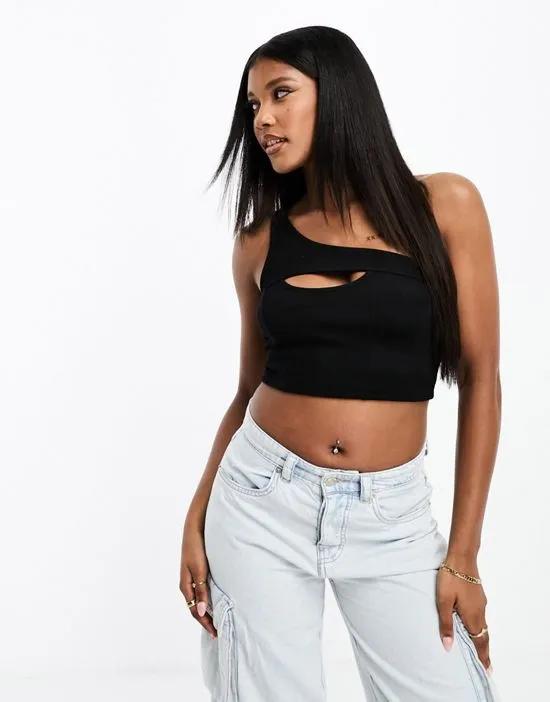 one shoulder cut-out crop top in black
