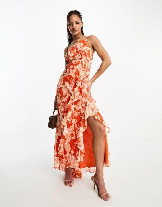 one shoulder cut out maxi dress in red floral