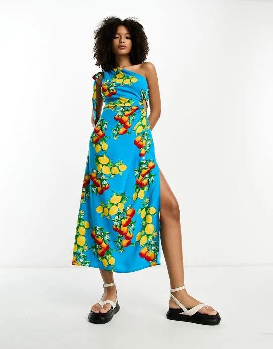 one shoulder cut out midi dress in blue fruit print