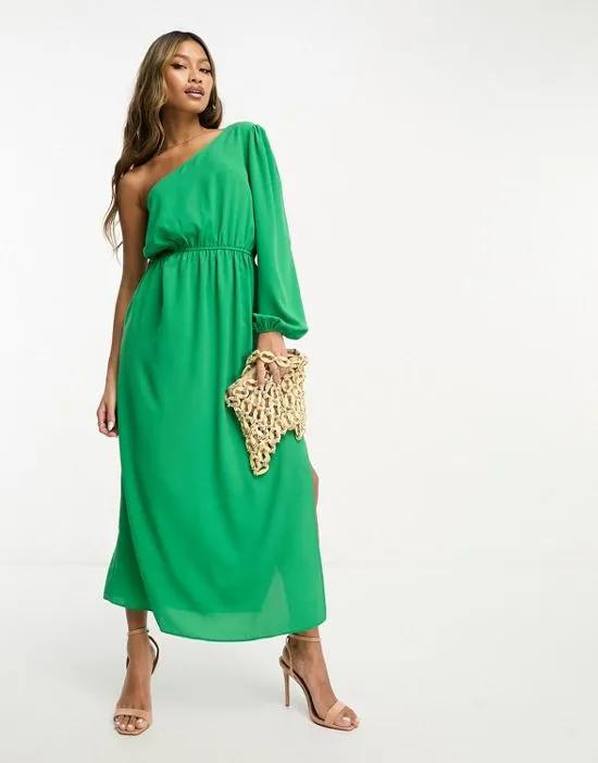 one shoulder cut out midi dress in bright green