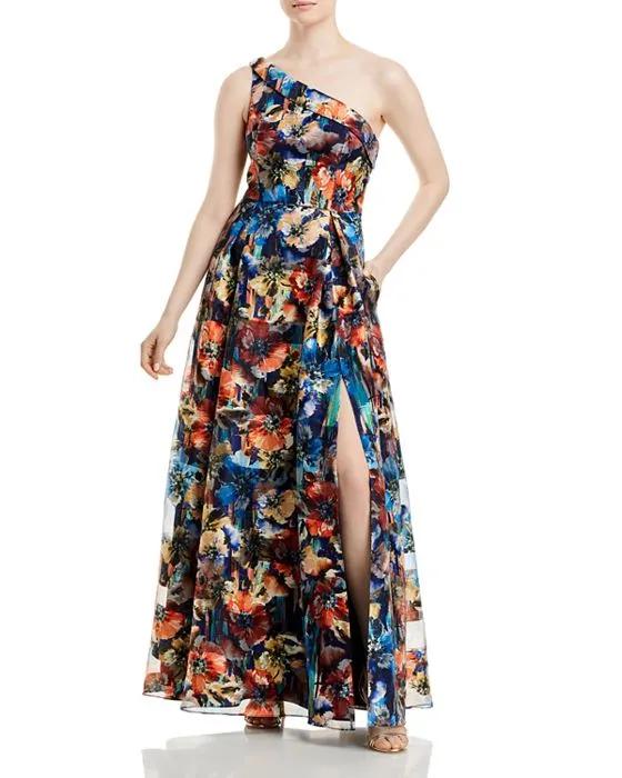 One Shoulder Floral Print Gown